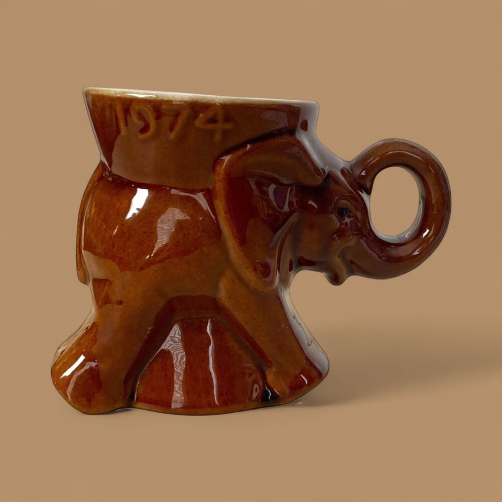 Frankoma GOP Republican Elephant Mug 1974 Brown Political Coffee Cup USA Pottery